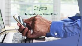  Presentation with home office - Cool new PPT theme with male-hands-holding-a-cell backdrop and a sky blue colored foreground