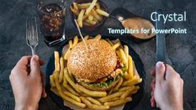 Presentation with burger - Presentation design featuring male hands holding fork and knife above burger background and a tawny brown colored foreground
