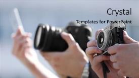  Presentation with hands holding - Colorful slide set enhanced with male hands holding old camera backdrop and a light blue colored foreground