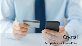  Presentation with smart card - Amazing PPT theme having male hands holding smart phone backdrop and a light blue colored foreground