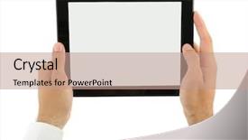  Presentation with hands holding black tablet - Presentation theme enhanced with male hands holding tablet isolated background and a coral colored foreground