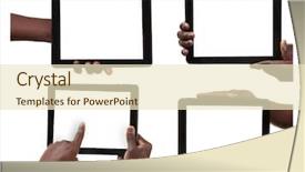  Presentation with hands holding black tablet - PPT theme with male hands holding tablet background and a soft green colored foreground