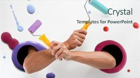  Presentation with colorful hands - Colorful PPT theme enhanced with inkblot - male hands through the holes backdrop and a sky blue colored foreground
