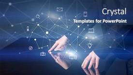  Presentation with communication - Amazing presentation having ingenious - male hands touching interactive table backdrop and a ocean colored foreground