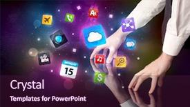  Presentation with colorful hands - Slide deck enhanced with male hands touching interactive table with colorful application icons on it background and a wine colored foreground