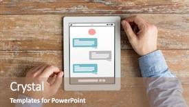  Presentation with chat - PPT theme with male hands with messenger background and a coral colored foreground