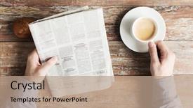  Presentation with mass media - Cool new PPT layouts with male hands with newspaper backdrop and a coral colored foreground