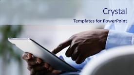  Presentation with tablet - Presentation featuring male hands with tablet close background and a sky blue colored foreground