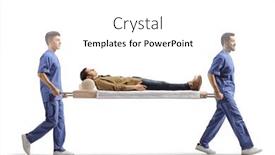  Presentation with health - Amazing slide deck having male-health-workers-carrying-young backdrop and a white colored foreground