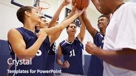  Presentation with sports school - Cool new presentation design with male high school basketball team backdrop and a navy blue colored foreground