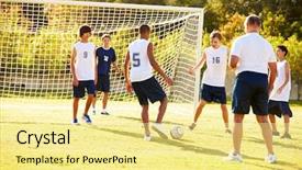  Presentation with members - Colorful presentation design enhanced with male high school soccer backdrop and a blonde colored foreground