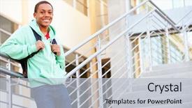  Presentation with school building - Presentation consisting of school student standing outside building background and a light blue colored foreground