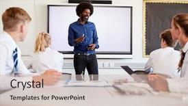  Presentation with high school diversity - PPT layouts having male high school teacher standing background and a soft green colored foreground
