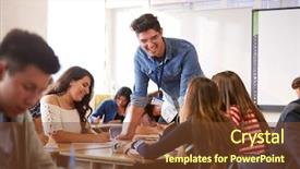  Presentation with high school - Cool new slide set with male high school teacher standing backdrop and a tawny brown colored foreground