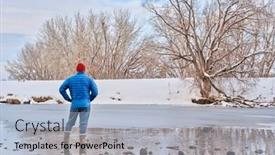  Presentation with winter river - PPT theme featuring male-hiker-on-a-shore background and a light blue colored foreground
