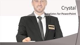  Presentation with hospitality hotel reception female receptionist - Slides consisting of male hotel receptionist with card background and a  colored foreground