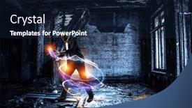  Presentation with illusionist - Theme featuring male-illusionist-performing-tricks-mixed background and a navy blue colored foreground