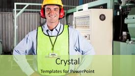  Presentation with safety - PPT theme having male industrial health and safety background and a mint green colored foreground