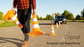  Presentation with driving road - Colorful presentation theme enhanced with male-instructor-puts-cones backdrop and a coral colored foreground