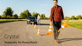 Presentation with driving road - Audience pleasing PPT layouts consisting of male-instructor-puts-cones backdrop and a coral colored foreground