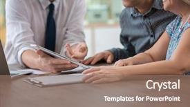  Presentation with consulting - Amazing PPT theme having male insurance agent consulting clients backdrop and a coral colored foreground