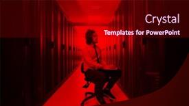  Presentation with server room - PPT theme having male it engineer working on a laptop in server room at modern data center background and a crimson colored foreground