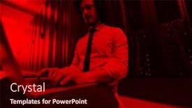  Presentation with server room - Amazing presentation design having male it engineer working on a laptop in server room at modern data center backdrop and a wine colored foreground