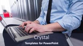  Presentation with server room - PPT theme having male it engineer working on a laptop in server room at modern data center background and a tawny brown colored foreground