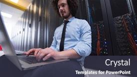  Presentation with server room - Audience pleasing slide set consisting of male it engineer working on a laptop in server room at modern data center backdrop and a tawny brown colored foreground