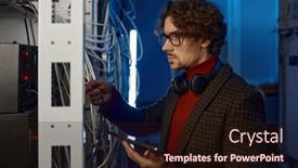  Presentation with wires - Presentation theme with male-it-technician-switching-wires background and a wine colored foreground