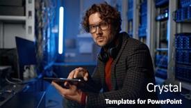  Presentation with server - Slide deck enhanced with male-it-technician-working background and a wine colored foreground