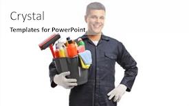  Presentation with holding bucket while water droplet - PPT theme having male-janitor-holding-a-bucket background and a white colored foreground