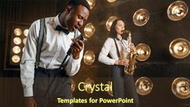  Presentation with female - Colorful PPT layouts enhanced with male-jazzman-and-female-saxophonist backdrop and a tawny brown colored foreground