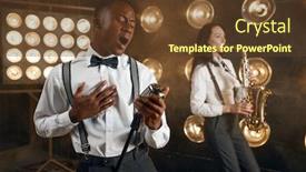  Presentation with female - Slides having male-jazzman-and-female-saxophonist background and a tawny brown colored foreground