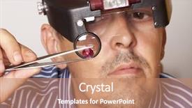  Presentation with flaws - Amazing presentation design having male jeweler looking through a magnifier to check for flaws in a ruby focus on ruby backdrop and a coral colored foreground