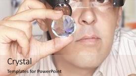  Presentation with flaws - Slide set having male jeweler looking through a magnifier to check for flaws in a diamond focus on diamond background and a lemonade colored foreground