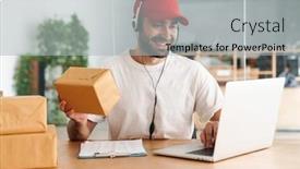  Presentation with headphones - Beautiful presentation design featuring male-joyful-delivery-assistance backdrop and a light gray colored foreground