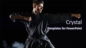  Presentation with kimono - Audience pleasing PPT theme consisting of male-karate-fighter-in-black backdrop and a wine colored foreground