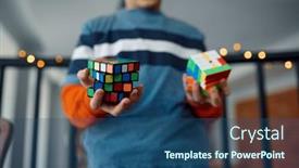  Presentation with cube - Beautiful presentation theme featuring male-kid-holds-puzzle-cube backdrop and a ocean colored foreground