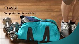  Presentation with bag - PPT theme with male legs and sport bag background and a coral colored foreground