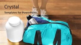  Presentation with sport nutrition whey protein powder - Slides with male legs and sport bag background and a coral colored foreground