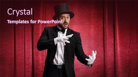  Presentation with red stage curtain - Slide set featuring male-magician-performing-a-trick background and a wine colored foreground