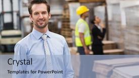  Presentation with data warehouse cubes - Theme featuring male manager in the warehouse background and a light blue colored foreground