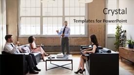  Presentation with project manager meeting - Colorful PPT theme enhanced with male manager presenting at informal backdrop and a coral colored foreground