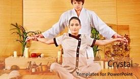  Presentation with masseur doing massage spa - Presentation theme having male masseur doing massage young woman in bamboo spa background and a yellow colored foreground