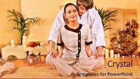  Presentation with masseur doing massage spa - Colorful presentation theme enhanced with male masseur doing massage young woman in bamboo spa backdrop and a coral colored foreground