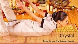  Presentation with masseur doing massage spa - Presentation consisting of male masseur doing massage young woman in bamboo spa background and a yellow colored foreground