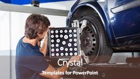  Presentation with alignment machine - Presentation theme featuring male mechanic adjusting wheel alignment background and a tawny brown colored foreground