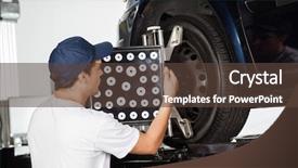  Presentation with alignment machine - Cool new PPT layouts with male mechanic adjusting wheel alignment backdrop and a tawny brown colored foreground