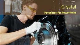  Presentation with car brake - Beautiful slides featuring male-mechanic-checks-brake-disk backdrop and a tawny brown colored foreground